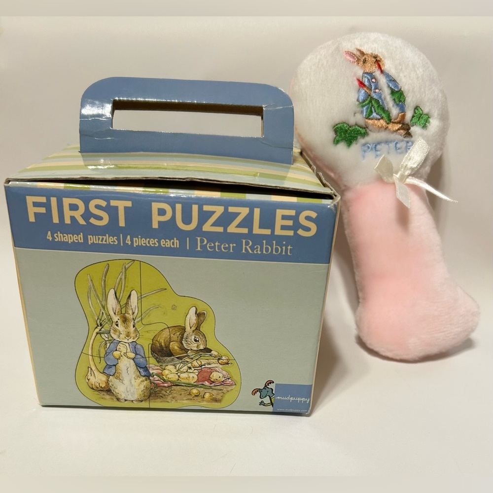 Vintage Eden Plush Peter Rabbit Baby Rattle & 4  First Puzzles Set Mudpuppy